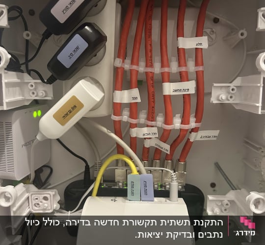ארון תקשורת עם כבלים וציוד רשת